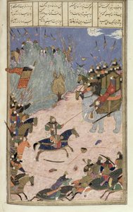 Rustam wyciąga Khaqana ze swojego słonia, ilustracja z Shahnama (Księgi Królów), autorstwa Abul-Qasima Manura Firdawsiego (ok.934-c.1020) ok.1440-45 (pióro, atrament i toaleta na welinie) autorstwa Persian School