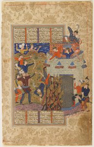 Rustam i jego ludzie atakują fortecę Gang Dizh z Shahnama autorstwa Persian School