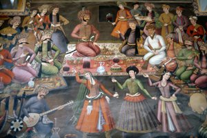 Szach Abbas I Wielki przyjmujący Nadr Vali Muhammada Chana z chanatu Buchary, sala recepcyjna autorstwa Persian School