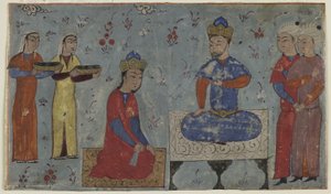 Sindukht przed Samem (nieprzezroczysta akwarela, tusz i złoto na papierze) autorstwa Persian School