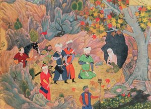 Sułtan Iskandar odwiedza pustelnika z „Khamsy” Nizami w Heracie autorstwa Persian School