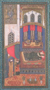 Tahmina wchodzi do komory Rustams, ilustracja z Shahnama (Księgi Królów), autorstwa Abul-Qasima Manura Firdawsiego (ok.934-c.1020), z Heratu, Afganistan, ok.1410 (nieprzezroczysta toaleta i złoto na papierze) autorstwa Persian School