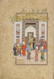 Mały świadek zeznaje o niewinności Yusufa, folio z Haft awrang (Siedem tronów) Jamiego (zm. 1492), prawdopodobnie Mashad, Khurasan, Iran, dynastia Safavid, 1556-1565 (atrament, nieprzezroczysta akwarela i gol