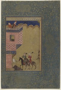Dwóch jeźdźców z maczugami zbliżających się do zamku, ok.1417-18 autorstwa Persian School