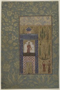 Dwoje młodzieńców przed księżniczką przy oknie, ok. 1417-18 (nieprzezroczysta akwarela i złoto na papierze) autorstwa Persian School