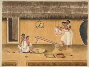 Kobiety łuskające paddy z dhenki, ok. 1840 (akwarela na papierze) autorstwa Persian School