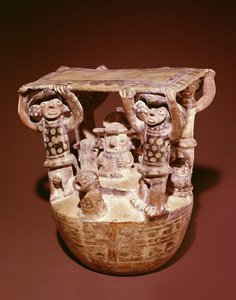 Bóstwo na tronie z baldachimem wspieranym przez dworzan, Recuay Culture (ceramika) autorstwa Peruvian School
