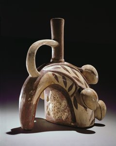 Naczynie ceramiczne żaby wspinającej się na drzewo kakaowe, Mochica (ceramika) autorstwa Peruvian School