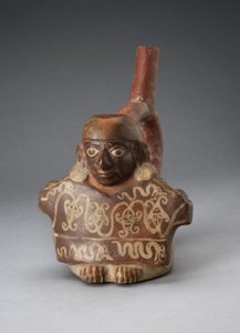 Naczynie z dziobkiem ze strzemionami przedstawiające mężczyznę trzymającego zdobiony materiał tekstylny, 100 BC-AD 500 autorstwa Peruvian School