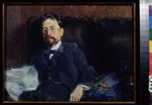 Portret pisarza Antona Czechowa (1860-1904) (Portret autora A. Czechowa). Malarstwo Piotra Aleksandrowicza Nilusa (Pierre Nilous) (Nilouss) (1869-1940/1943), olej na płótnie