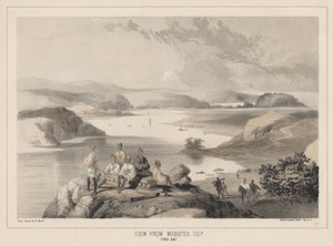 Widok z wyspy Webster, Yedo Bay, litho autorstwa Sarony und Co., 1855 (chromolitho)