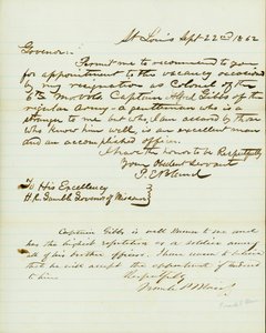 List podpisany P.E. Bland, St. Louis, do HR Gamble, gubernatora Missouri, 22 września 1862 autorstwa Peter E. Bland