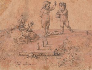 Dwoje dzieci bawiących się piłką, 1500-1546.