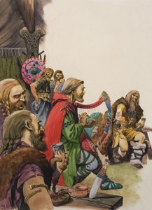 Alfred (849-899) przebrany za minstrela w obozie króla Guthruma (gwasz na papierze) autorstwa Peter Jackson