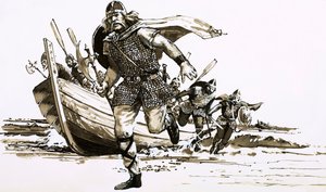 Król Vortigern sprowadził do Wielkiej Brytanii dwóch wodzów barbarzyńców - Hengesta i Horsę (gwasz na papierze) autorstwa Peter Jackson