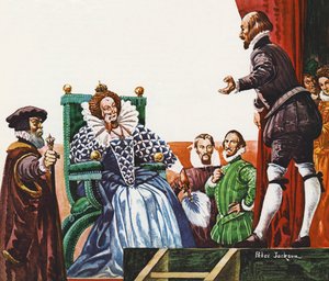 William Shakespeare prezentuje jedną ze swoich sztuk królowej Elżbiecie I