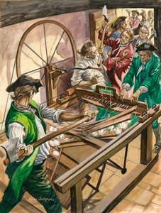 Robotnicy atakują dom Jamesa Hargreavesa w Blackburn, aby zniszczyć jego wynalazek, Spinning Jenny autorstwa Peter Jackson