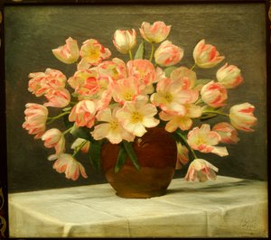 Tulipany w wazonie na drapowanym stole autorstwa Peter Johan Schou