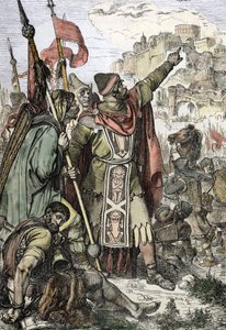 Inwazja barbarzyńców: „” Król hunów Attila (406-453) pojmany przez oblężnika miasta Akwilea we Włoszech czuwa ze swoimi żołnierzami autorstwa Peter Johann Nepomuck Geiger