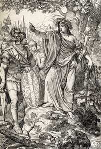 Kampanie Germanika: „” Nero Claudius Drusus Germanicus (38-9 pne) i jego armia spotykają młodą kobietę w regionach między Wezerą a Łabą, około 12 rpne” (Podbój Germanii: powieść generał Nero Claudius Drusus Germanicus i jego zasięg armii t autorstwa Peter Johann Nepomuck Geiger