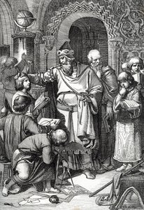 cesarz Karol Wielki (742-814) założyciel szkolnego spotkania dzieci” (cesarz Karol Wielki spotyka się z dziećmi, jego zainteresowanie edukacją i nauką oraz mecenatem uczonych sprawiło, że jest uważany za patrona szkół) Rysowanie opon z pióropuszem o autorstwa Peter Johann Nepomuck Geiger
