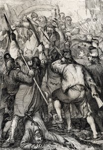 Rewolucja francuska: uzbrojony i wściekły lud wchodzący przez most zwodzony i mordujący garnizon i gubernatora podczas szturmu na Bastylię autorstwa Peter Johann Nepomuck Geiger