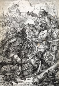 Wielka wojna północna: „” Bitwa pod Połtawą (lub Pułtawą) między armią Piotra I z Rosji a wojskami Karola XII ze Szwecji, 8/07/1709”” (Wielka wojna północna: bitwa pod Połtawą, 8 lipca 1709 r.) ) Piórkowy rysunek z „” Historische Memorabilian des autorstwa Peter Johann Nepomuck Geiger
