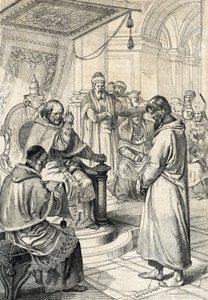Queril z inwestytur, skrucha Canossy: W Canossie cesarz Henryk IV Świętego Cesarstwa Rzymskiego (1050-1106) w stroju pokutnym błaga o przebaczenie papieża Grzegorza VII (Hildebrand: 1015/20-1085) dokonując honorowych zadośćuczynień w styczniu 1077 r. ” (Śc autorstwa Peter Johann Nepomuck Geiger
