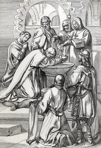 Przedstawienie św. Augustyna z Canterbury (zm. 604), wysłanego do Anglii przez papieża Grzegorza Wielkiego w 596 r. w celu nawrócenia Anglosasów - Jest tutaj przed Ethelbertem, anglosaskim królem Kentu (552? -616), którego ochrzcił w 597 (Augustyn, pierwsz autorstwa Peter Johann Nepomuck Geiger
