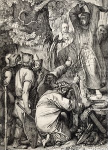 Przedstawienie św. Bonifacego z Moguncji (680-754) ścinającego dąb Thora, aby przekonać druidów, że nie jest to święte drzewo (Święty Bonifacy (Bonifacius) niszczący dąb Thora (dąb Donara lub Jowisza) święte drzewo germańskich pogan, przekonwertować