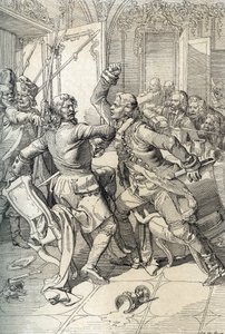 Revolta de Streltsy: prisão de membros dos regimentos de Streltsy (strelets) após seu levantamento em 1698 contra as inovações progressivas do czar Pedro, o Grande, Rússia (revolta de Streltsy: supostos membros dos regimentos de Streltsy de Moscou presos a autorstwa Peter Johann Nepomuck Geiger