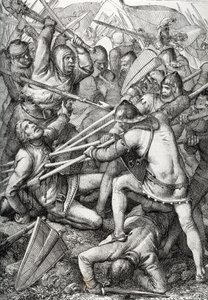 Bitwa pod Sempach stoczona 9 lipca 1386 r. pomiędzy księciem Austrii Leopoldem III a Starą Konfederacją Szwajcarską, narysowana piórem zaczerpniętym z „Historische Memorabilian des In-und Auslandes” (Wspomnienia historyczne) autorstwa Antona Zieglera autorstwa Peter Johann Nepomuck Geiger
