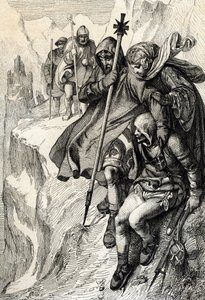 Król Rzymian Henryk IV przechodzi przez przełęcz góry Cenis, aby przekroczyć Alpy i udać się do hrabiny Matyldy z Toskanii do Canossy, gdzie papież Grzegorz VII, styczeń 1077” (Henryk IV przekroczył Alpy przez przełęcz Mont Cenis, aby dotrzeć do zamku Cano autorstwa Peter Johann Nepomuck Geiger
