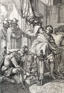 Aresztowanie Karola Austriackiego (1545-1568) (Don Carlosa), syna Filipa II Hiszpańskiego w 1568 roku przez ludzi jego ojca (Carlosa, najstarszego syna księcia Asturii i następcy tronu hiszpańskiego króla Filipa II, ojciec na początku 1568) rysowanie pióre