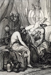 Śmierć króla hunów Attyli (395-453) podczas jego snu w noc poślubną z Germaine Ildico, 453 (Śmierć Attyli, władcy hunów w noc poślubną, jej oblubienica Ildico płacze nad jego ciałem, 453 ) Rysunek pióra zaczerpnięty z „Historis