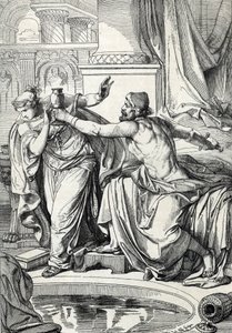 Gepid księżniczka Rosemonde (zm. 572) i jej kochanek, morderca jej męża, króla Alboina, otruli się tym samym kielichem trucizny, 572 (Księżniczka Gepid Rosamunda (lub Rosamunda) i jej kochanek zabijają się tym samym kielichem trucizny, 572) Rysunek A autorstwa Peter Johann Nepomuck Geiger