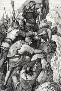 Wojska Othona I z Baviere (1117-1183) w pobliżu Werony we Włoszech 1155 (Otton I, książę Bawarii i jego armia pod Weroną, Włochy 1155) Rysunek z piór z „Historische Memorabilian des In-und Auslandes”” (Pamiątki historyczne) przez Antona Zieglera autorstwa Peter Johann Nepomuck Geiger