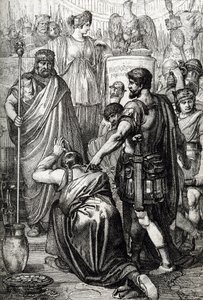 Wojna wandalska: „” Kapitulacja króla Wandalów, Gelimer klęczy przed bizantyjskim generałem Belisaire (500-565) w marcu 534 r., Kartagina, Afryka” (Wojna wandalska: król wandali Gelimer poddający się generałowi Belizariuszowi, 534, Afryka) narysowany długo autorstwa Peter Johann Nepomuck Geiger