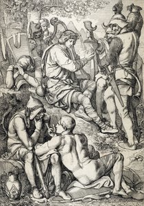 Wojna z Wikingami: „” Król Wessex Alfred I Wielki (846-899) przebrany za harfistę wkracza do obozu Guthrum, aby odświeżyć swoje plany bitewne, Somerset 878 (król Alfred Wielki przebrany za muzyka, przyglądający się sytuacji nieprzyjaciel w Danisie autorstwa Peter Johann Nepomuck Geiger