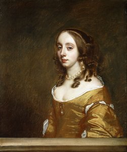 Portret damy z rodziny Popham, pół długości, za skrzydłem, w pomarańczowej sukience, autorstwa Peter Lely