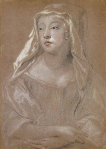 Portret młodej damy, tradycyjnie określanej jako Sarah Jennings, księżna Marlborough, w połowie długości, trzymająca książkę, z rękami skrzyżowanymi na kolanach, z ubiorem głowy na ramionach, 1667 autorstwa Peter Lely