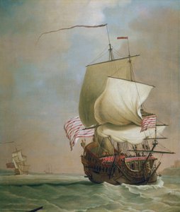 Statek handlowy Brytyjskiej Kompanii Wschodnioindyjskiej. Olej na płótnie, około 1720 roku, autorstwa Petera Monamy