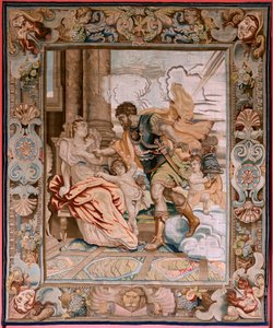 Flamandzki gobelin. Seria Historia konsula Decjusza Mus. Mars ukazuje się Rhea Silvia (Aparición de Marte a Rea Silvia). Ósmy gobelin z serii. Model PP Rubens. Manufaktura Jan Raes II, Bruksela. Ca1620-1629. Tkanina Złoto, srebro, jedwab i wełna.