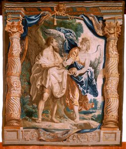Flamandzki gobelin. Seria Triumf Eucharystii. Anioł pociesza proroka Eliasza (El profeta Elías confortado por el ángel). Piąty gobelin z serii. Model Peter Paul Rubens. 1626-1628. Manufaktura Jacob II Geubels, Bruksela
