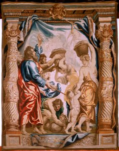 Flamandzki gobelin. Spadanie manny na pustyni (La caída del maná en el desierto). Seria Triumf Eucharystii. Trzeci gobelin w serii. Model Peter Paul Rubens. 1626-1628. Manufaktura Jan II Raes, Jacob II Geubels, Hans Vervoert, Ja autorstwa Peter Paul (after) Rubens