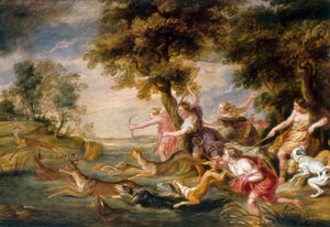 Diana i nimfy polujące na daniele, ok. 1673 (olej na płótnie) autorstwa Peter Paul (follower of) Rubens