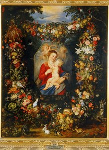 Maryja Dziewica z Dzieciątkiem w wieńcu z kwiatów i owoców ... autorstwa Peter Paul & Brueghel Jan (1601 78) Rubens