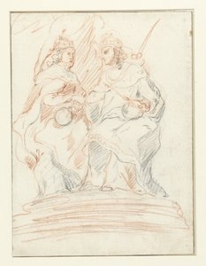 Król i królowa na tronie, za nimi stoi Fama Chrystus i Maryja autorstwa Peter Paul Rubens (possibly)