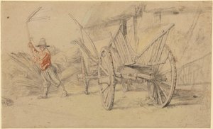 Mężczyzna młócący obok wozu, za nim budynki gospodarcze autorstwa Peter Paul Rubens