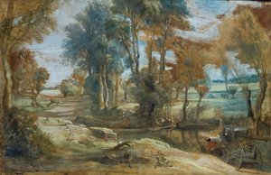 Wóz przeprawiający się przez strumień, ok. 1625-40 (czarna kreda i olej na papierze naklejonym na płótno) autorstwa Peter Paul Rubens